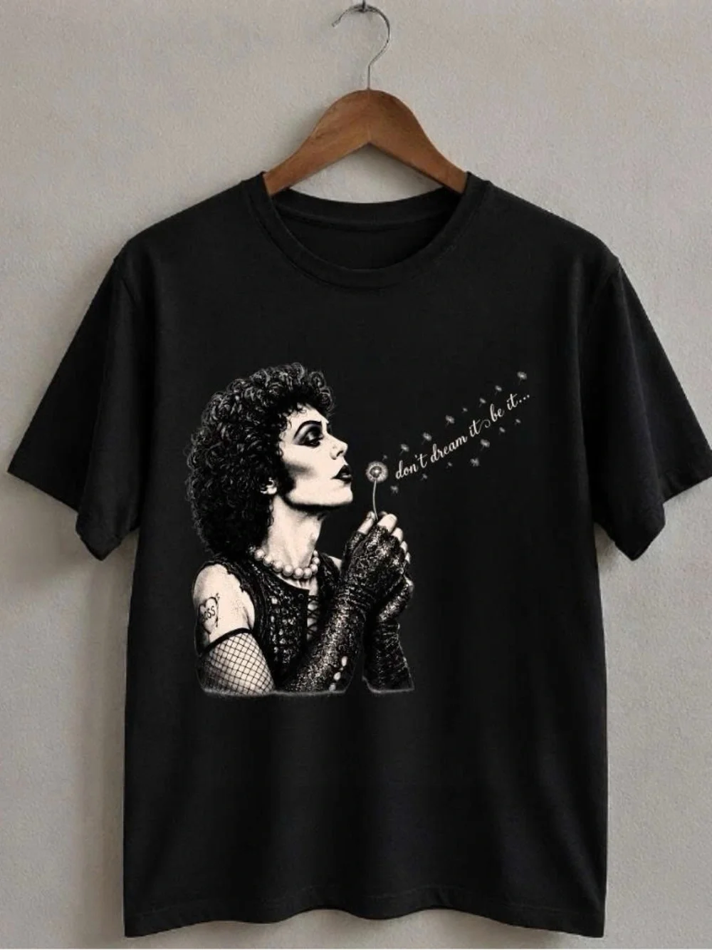 Tim Curry Black Women's Graphic Tee with Retro Portrait and 'Don't Dream It' Pri